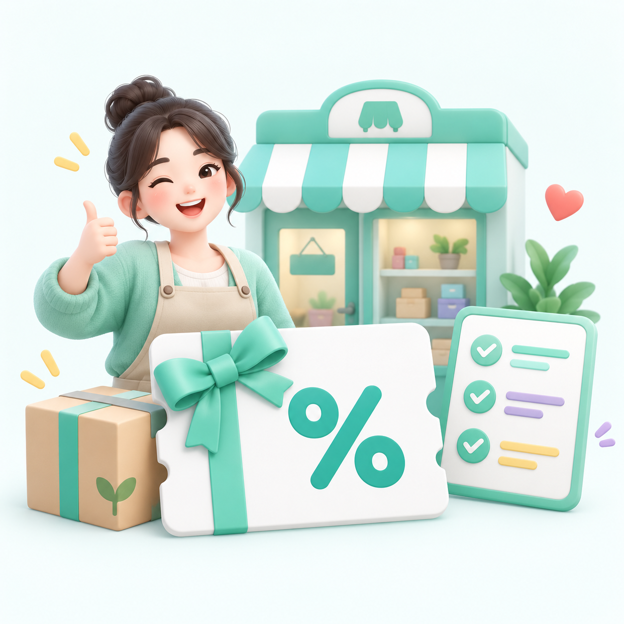 쇼핑몰 운영자와 수수료 지원 쿠폰을 표현한 프로모션 일러스트